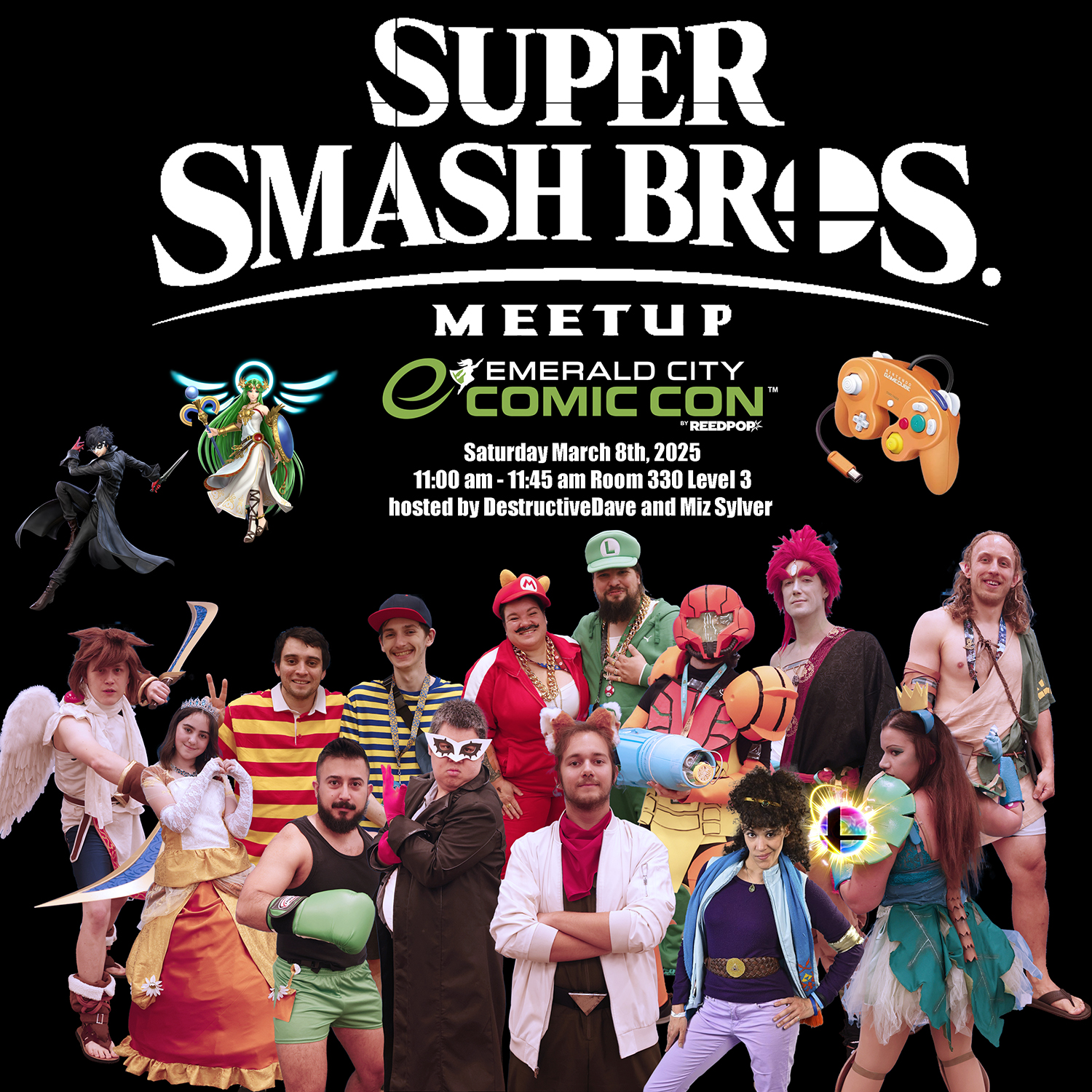 Super Smash
Bros. Meetup with Palutena and Joker icons,
a Spice Gamecube controller, and a HUGE
group of amazing cosplayers