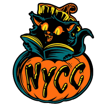 Black Cat reading
                              a book inside an orange "NYCC"
                              pumpkin